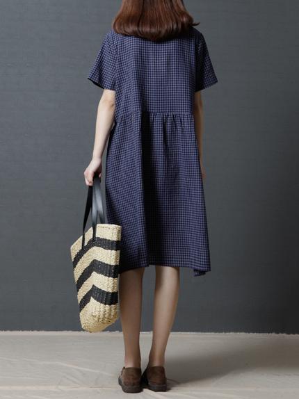 Plaid Loose Ramie Cotton Linen Long Dress