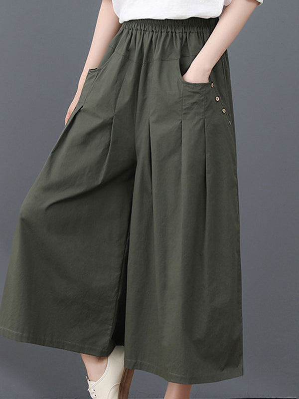 Stretch Waist Button Pocket Adorns Wide-Leg Skirt Woman