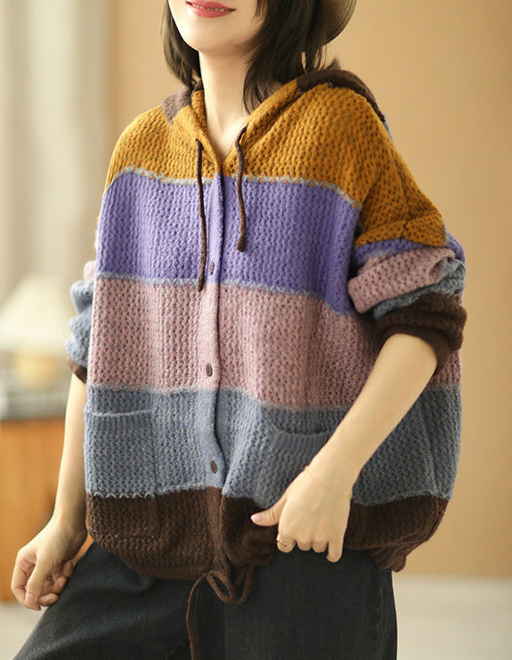 Casual Color Striped Hooded Knit Sweater