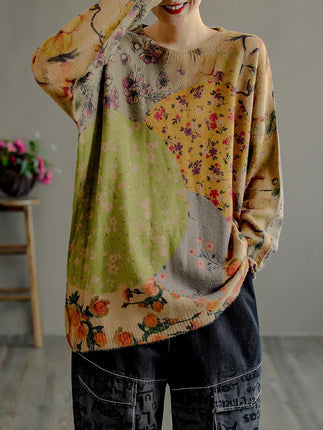 Retro Simple Print Loose Crew Neck Sweater