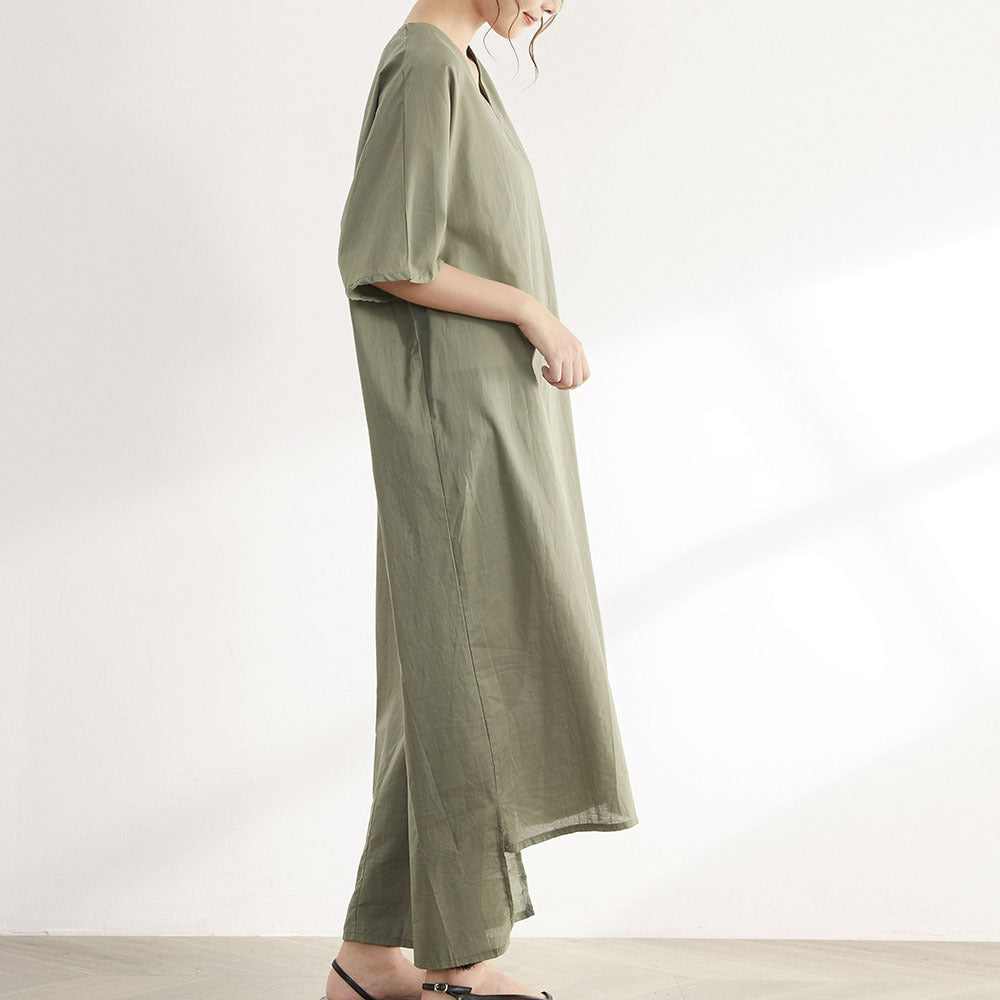 Half Sleeves Solid V-Neck Casual Maxi Dress