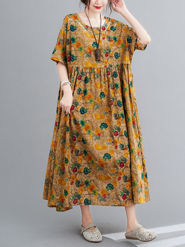 Artistic Retro Floral Round-Neck Dress