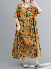 Artistic Retro Floral Round-Neck Dress