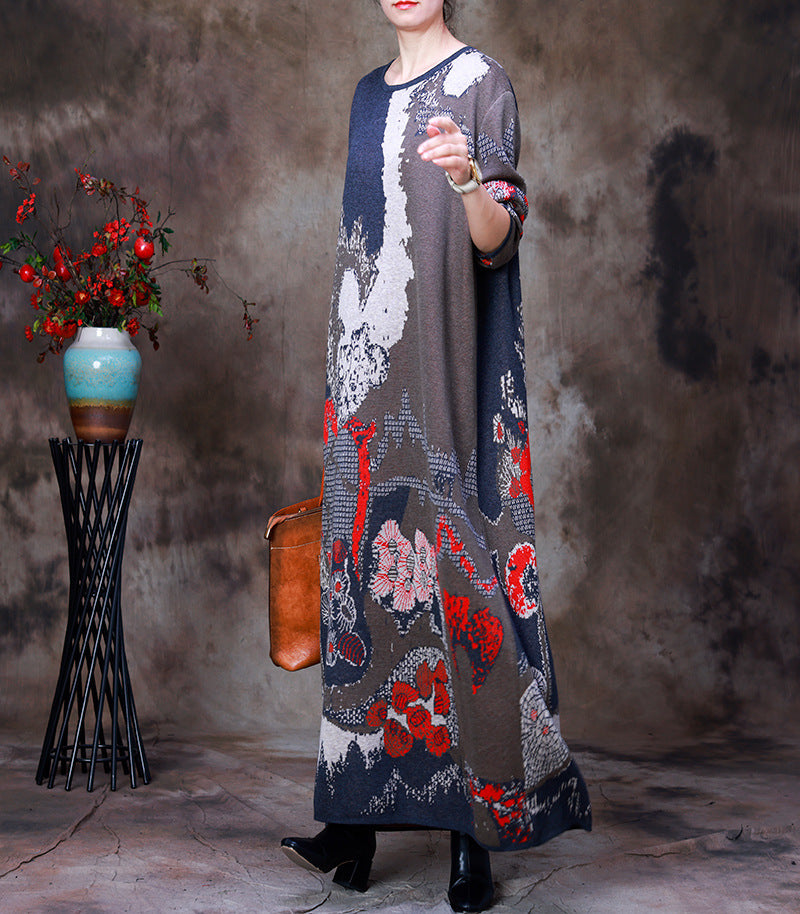 Round Neck Print Knit Midi Dress