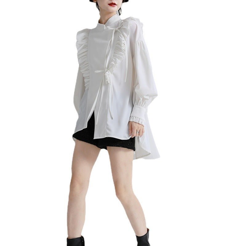 Irregular Tie Long Sleeve Loose White Shirt