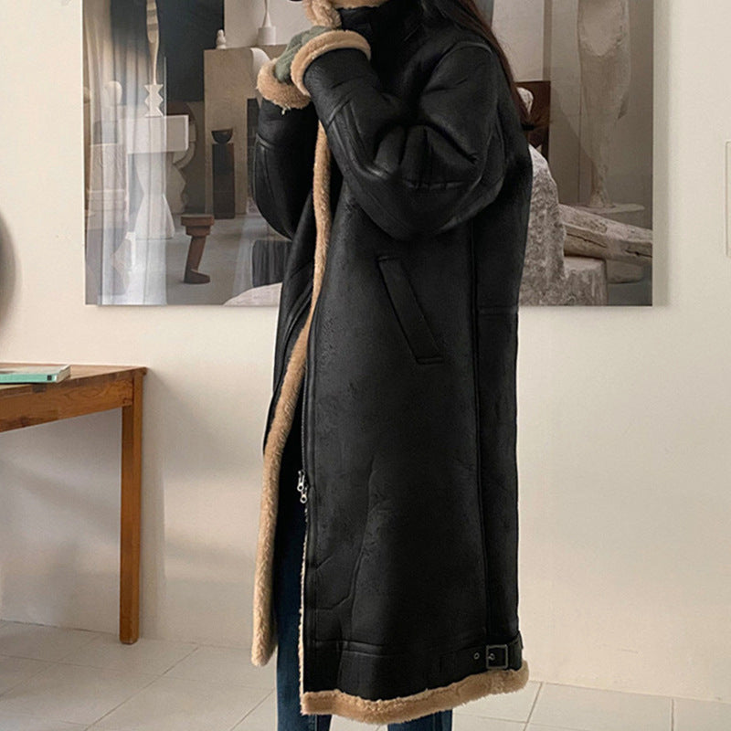Retro Stand Collar Zipper Loose Long Casual Coat