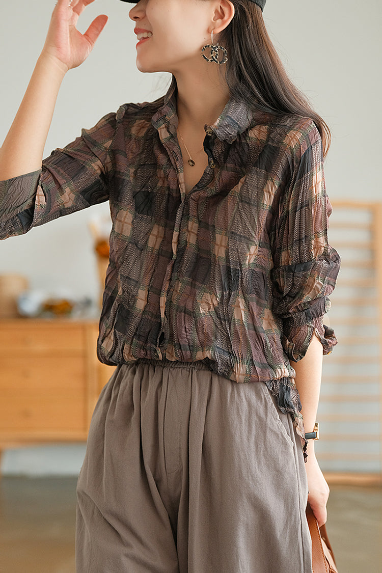 Retro Plaid Long Sleeve Blouse