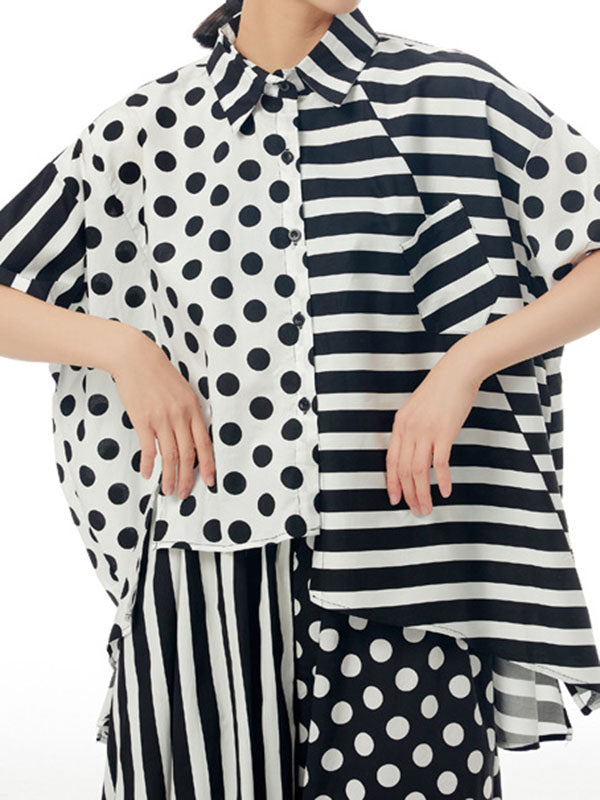 Irregular Clipping Roomy Polka-Dot Split-Joint Striped Lapel Shirts Tops