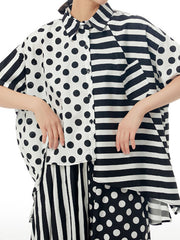 Irregular Clipping Roomy Polka-Dot Split-Joint Striped Lapel Shirts Tops