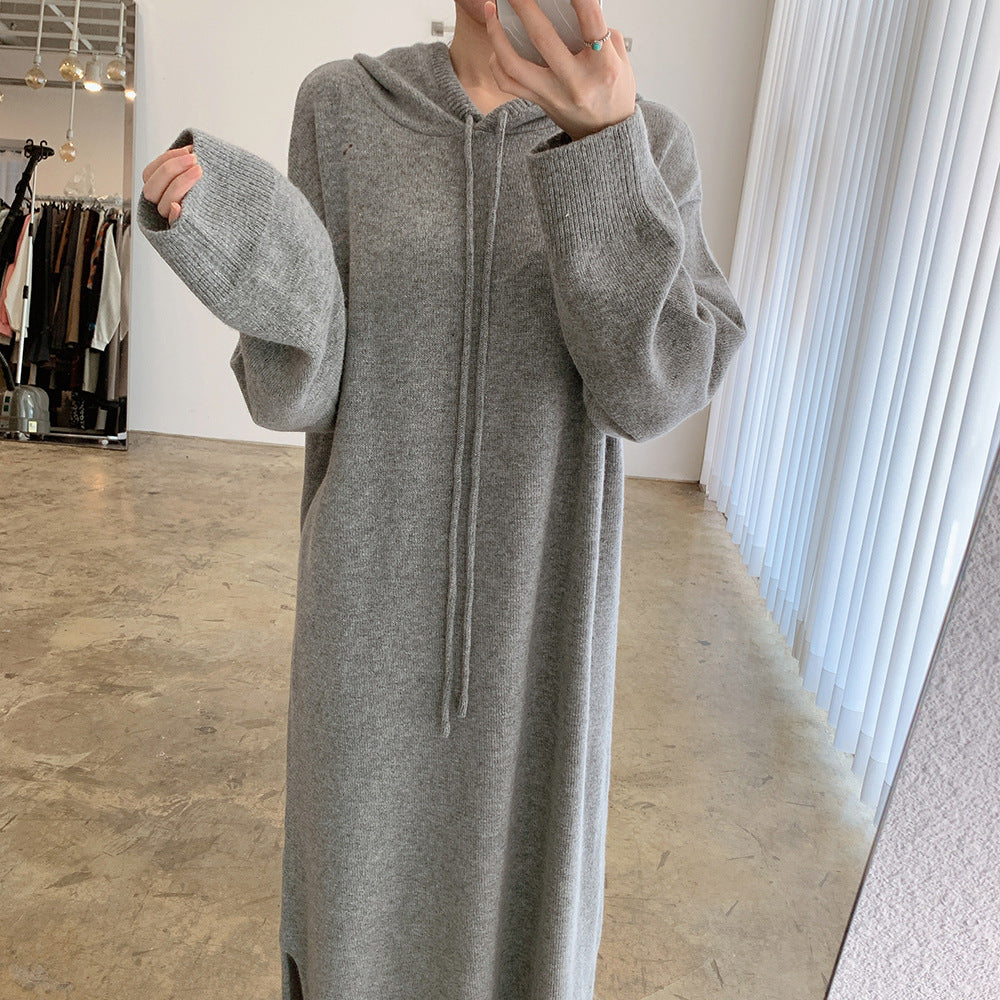 Loose Solid Knitted Split Hooded Midi Dress