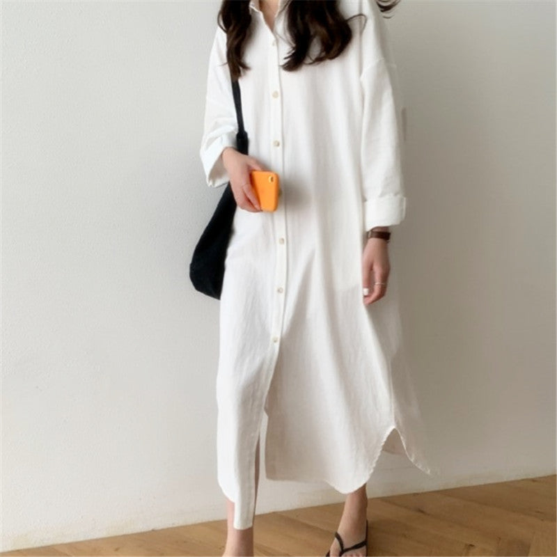 Women Lapel Solid Color Loose Over The Knee Casual Dress