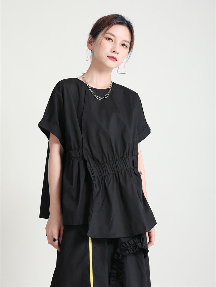Solid Color Round Neck Stitching Casual Shirt