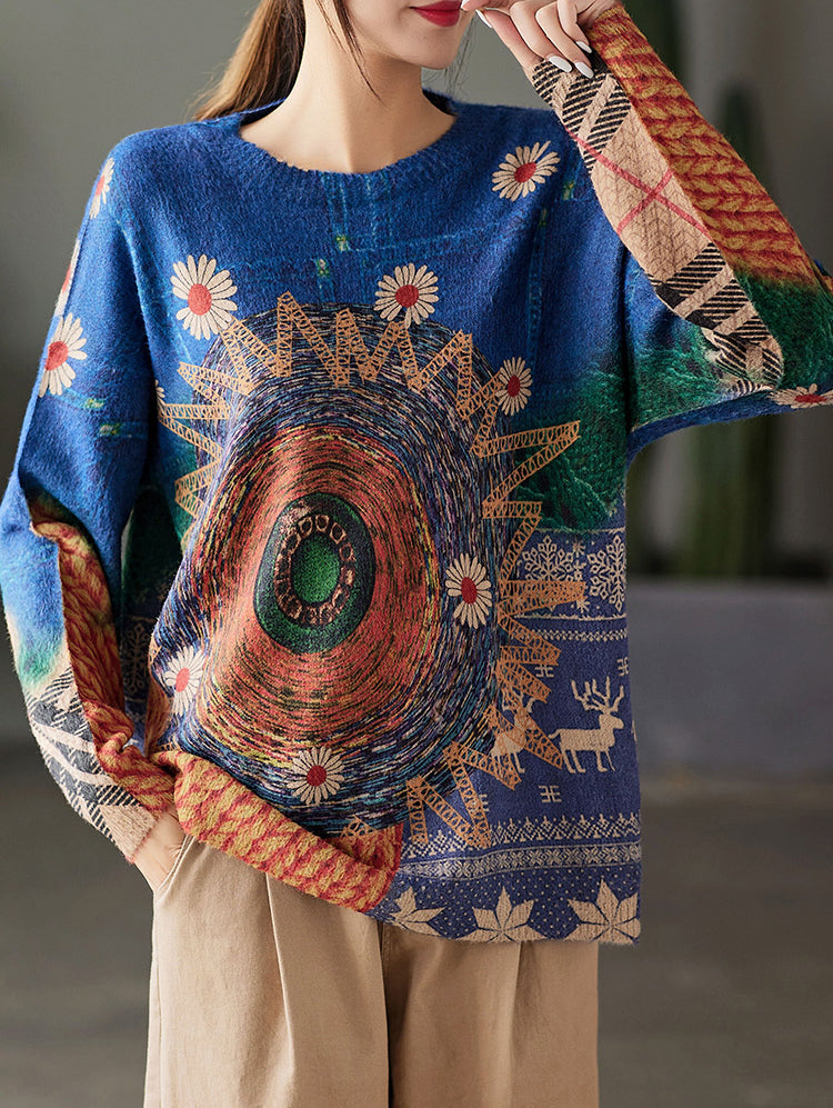 Retro Contrast Color Print Knit Round Neck Sweater