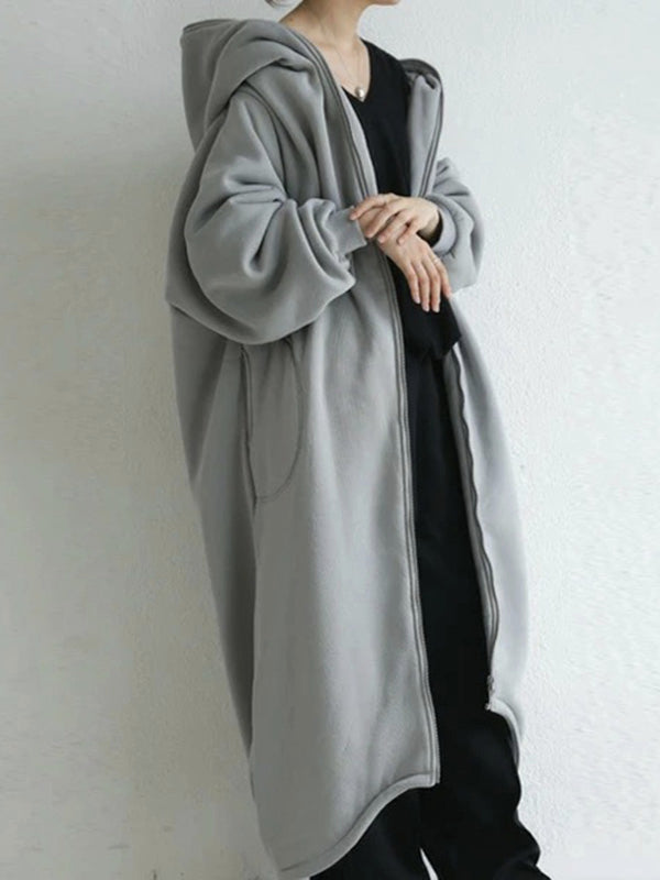 Urban Hooded Solid Color Zipper Batwing Sleeve Long Outerwear