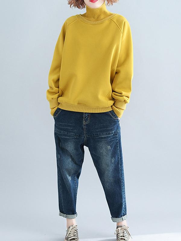 Plain Thickening Stitching High Neck Sweatshirt