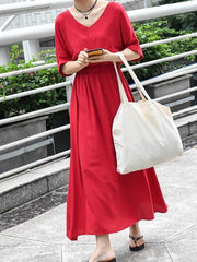 Loose Solid V-neck Short Sleeves Dress