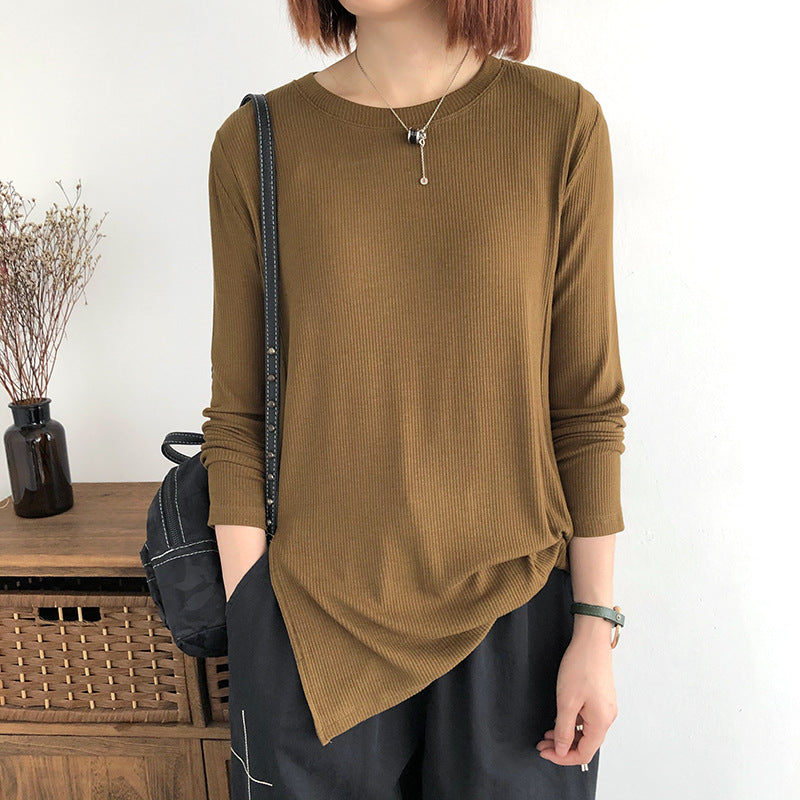 Solid Color Loose Top Slit T-Shirt