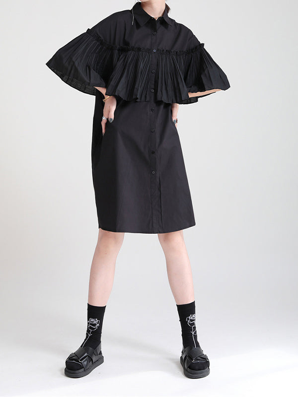 Lapel Pleated Short Sleeves Midi Dress