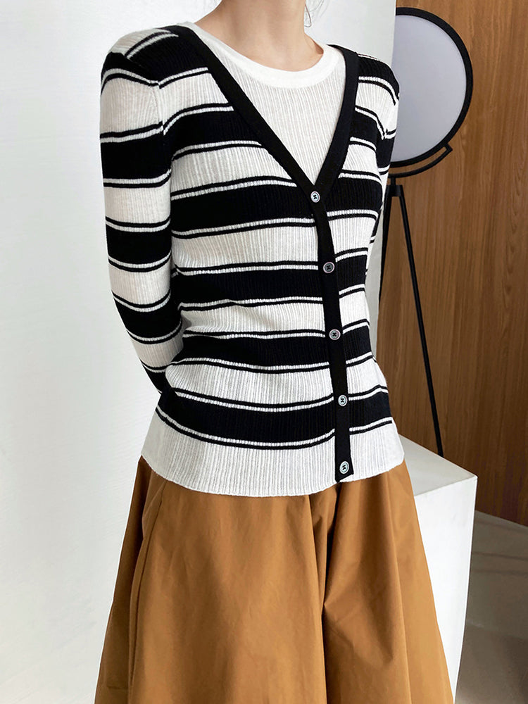 Fake Two Striped Knitted Long Sleeve Sweater Top