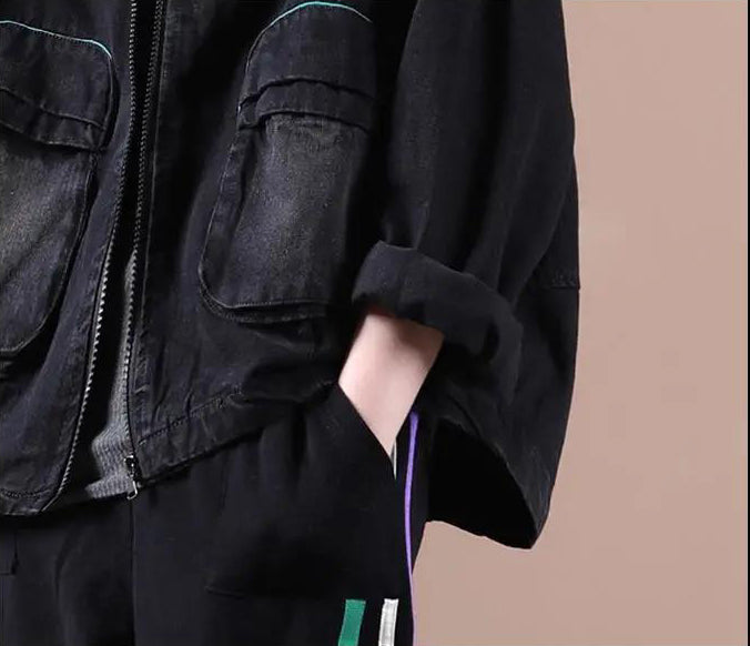 Loose Splicing Denim Hoodie Outwear