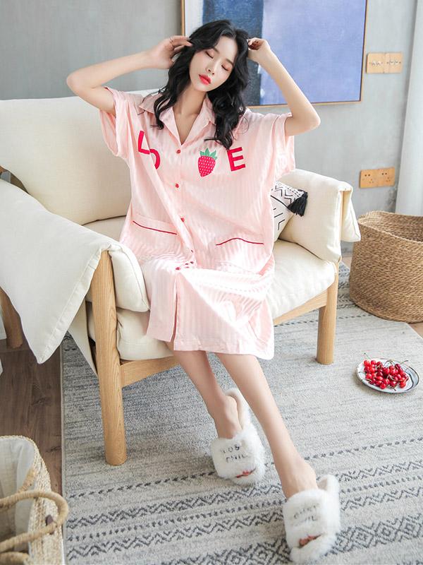 Strawberry Print Striped Ice Silk Loose Pajamas