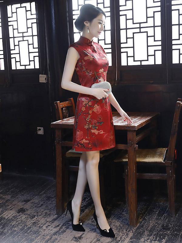 Two Pieces Flower Print Split-side Short Cheongsam