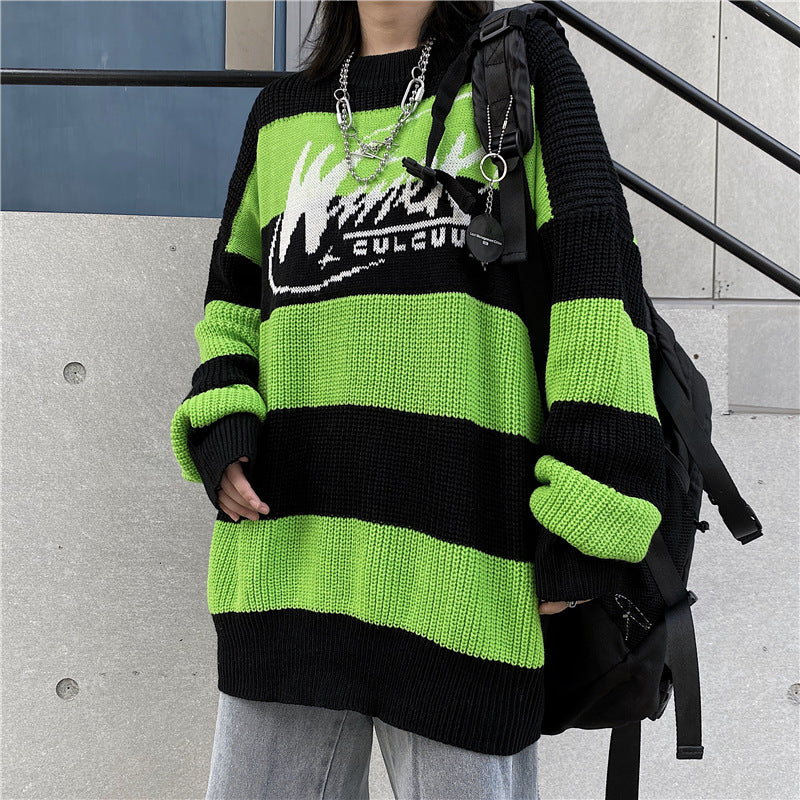 Women Retro Striped Contrast Color Pullover Loose Sweater