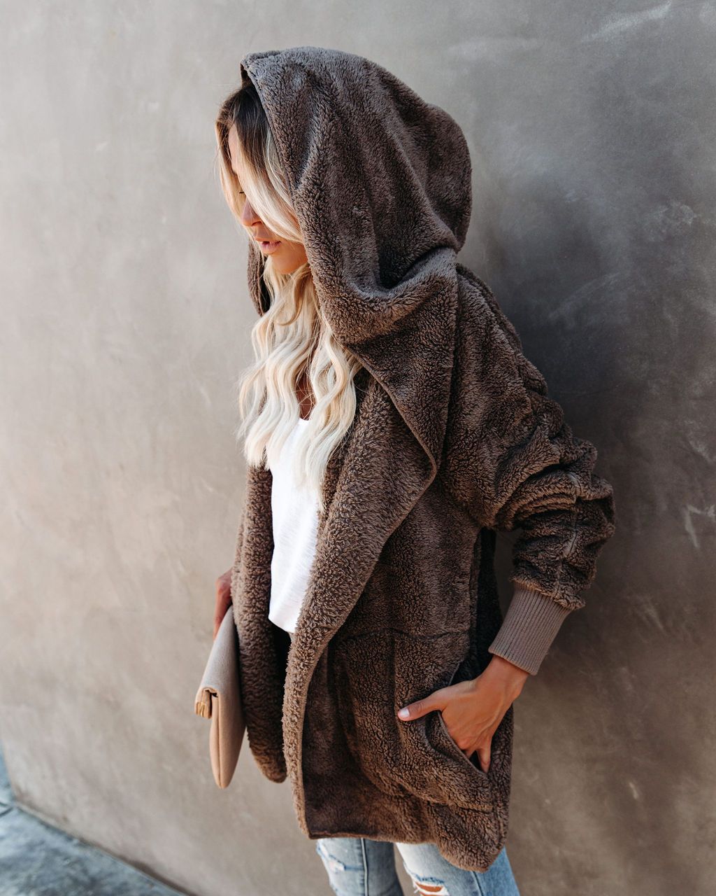 Casual Hooded Solid Color Plush Coat