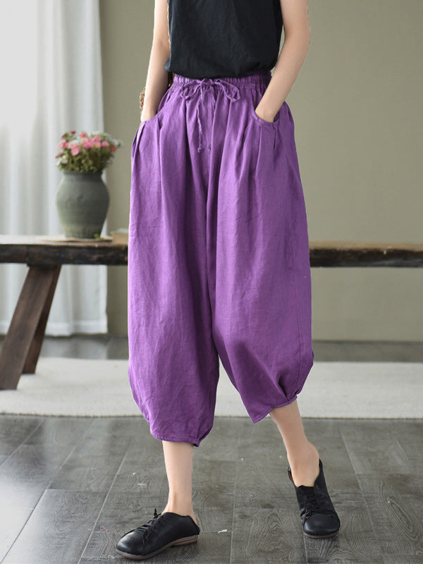 Artistic Retro Drawstring Elasticity Solid Pants