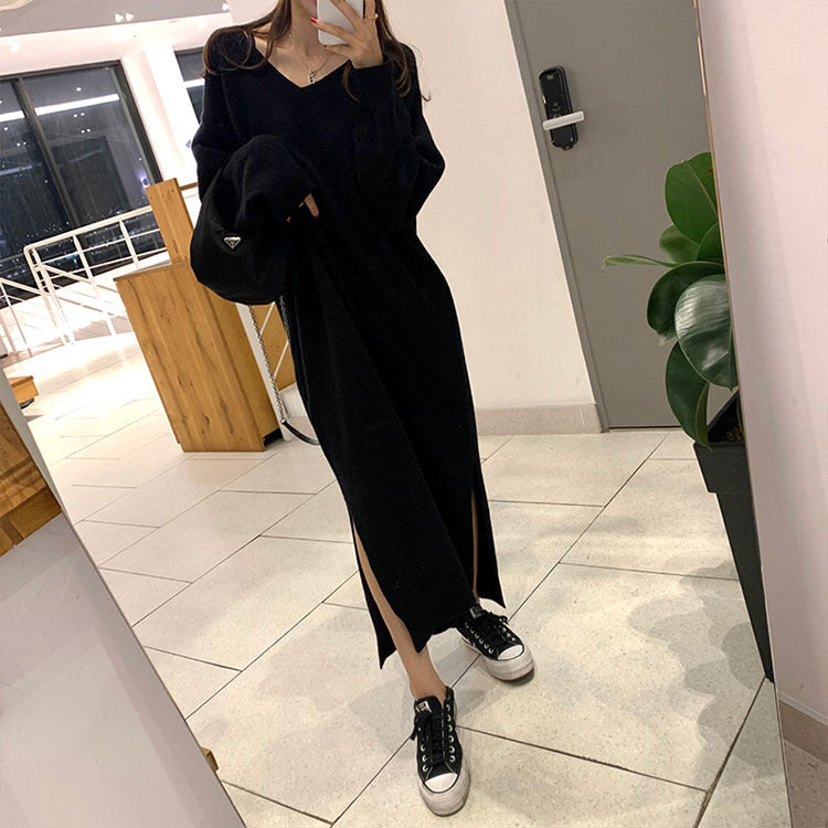 Women's Loose Split V-Neck Bottoming Knitted Sweater Dress