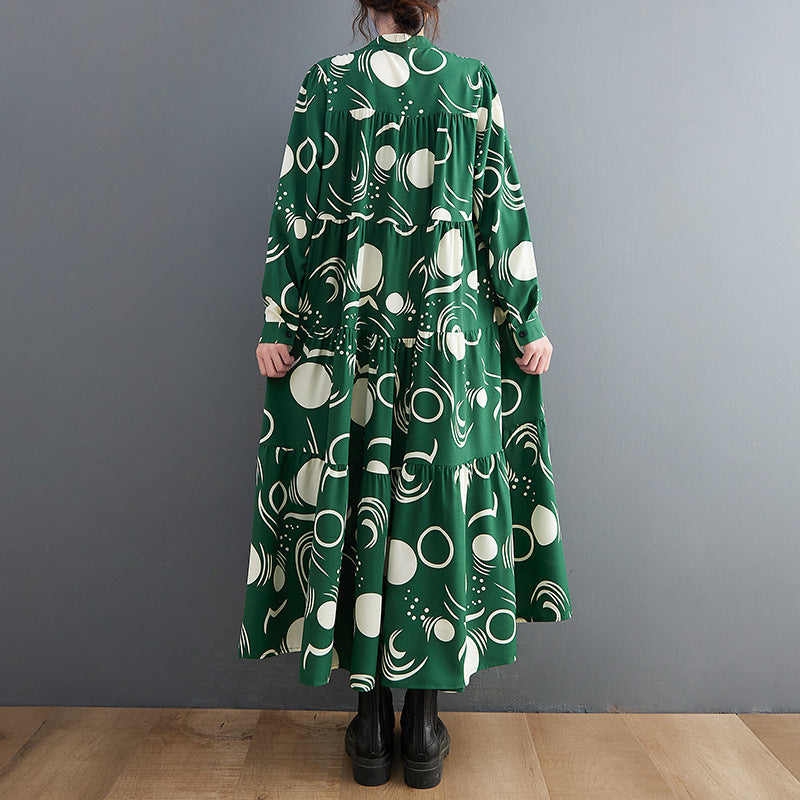 Vintage Print Long Sleeve Midi Dress