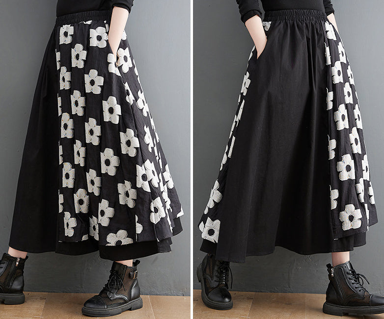 Embroidery Splicing Elastic High Waist A-Line Skirt