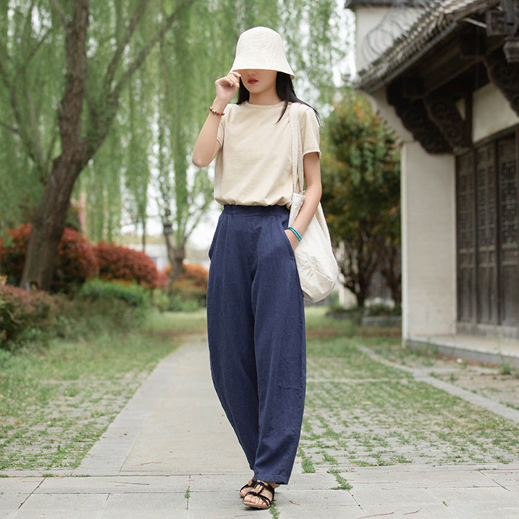 Retro Wide-Leg Pants With Elastic Waist