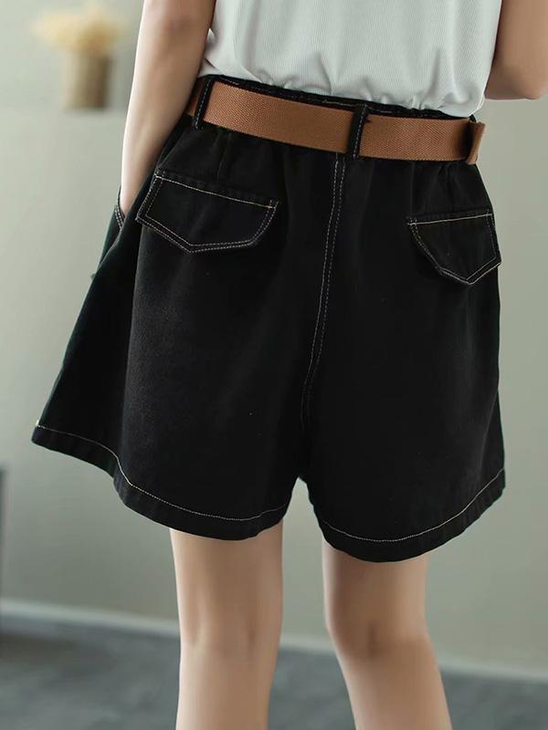 Vintage Elastic Waist Large Pocket Wide Leg Jean Shorts