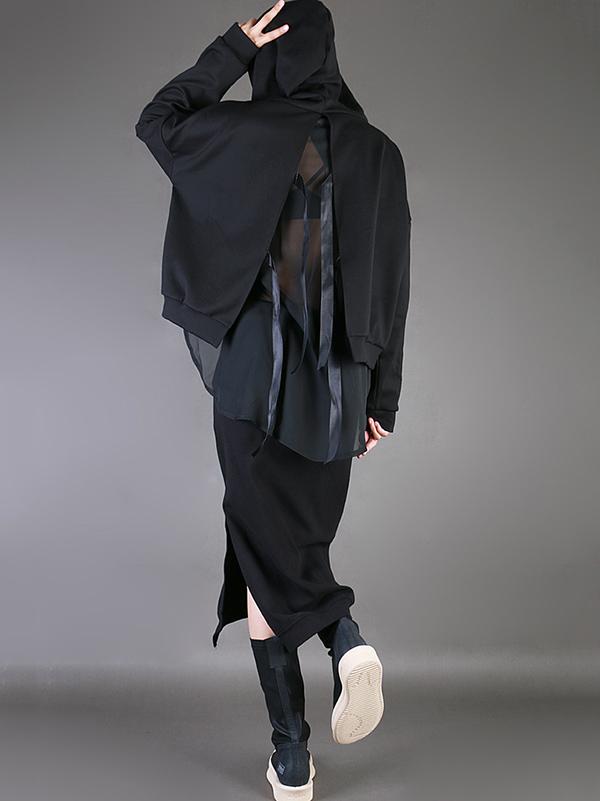 Split-Back Chiffon Black False-Two Hoodie