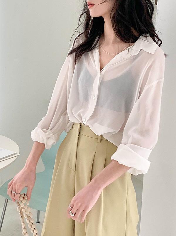 Solid Color See-Through Loose Shirt