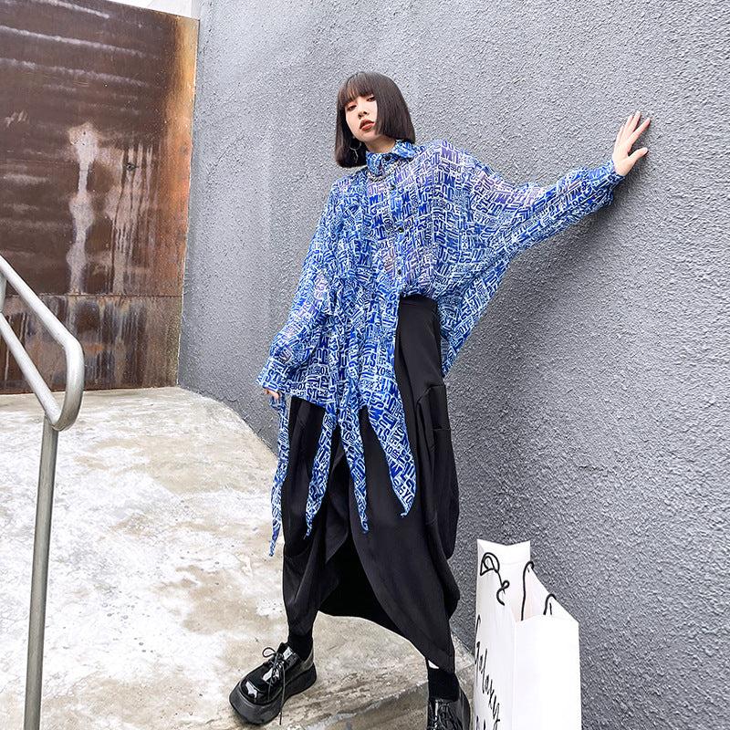 Lapel Look-Through Bat Sleeve Blouses Shirts Top
