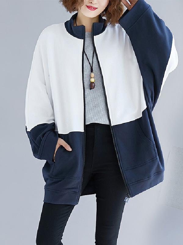 Contrast Color Bat Sleeve Zipper Outwear