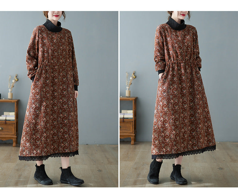 Patchwork Collar Floral Lace-Up Long Midi Dress