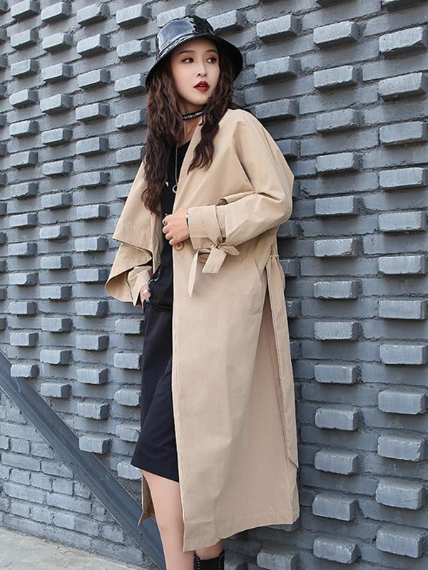 Loose Solid Color Belted Long Outwear