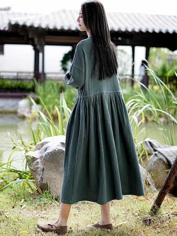 Retro National Double Cotton Long Sleeve Dress