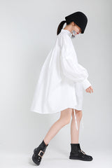 Stand Collar Soild Puff Sleeves Mini Dress