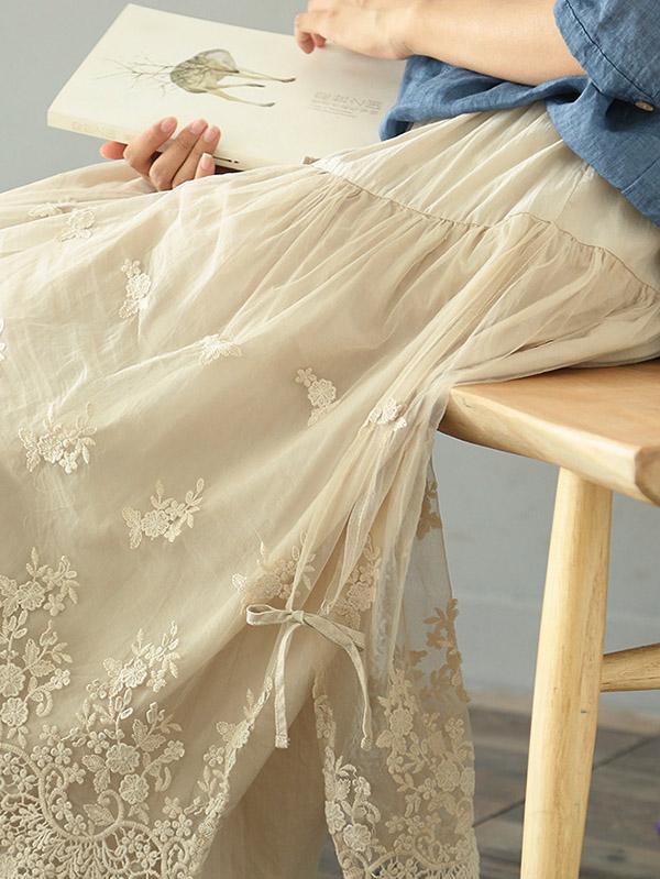 Loose Tiered Gauze Embroidered Lace Skirt