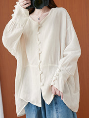 Ramie Cotton Batwing Sleeves Solid Blouse