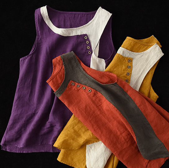 Round Neck Split-Joint Contrast Color Vest Top
