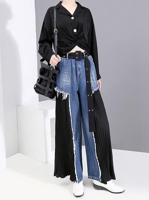 Loose Split-joint Pleated Jean Pants