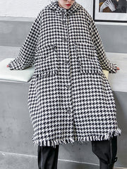 Women Lapel Plaid Print Hooded Coat