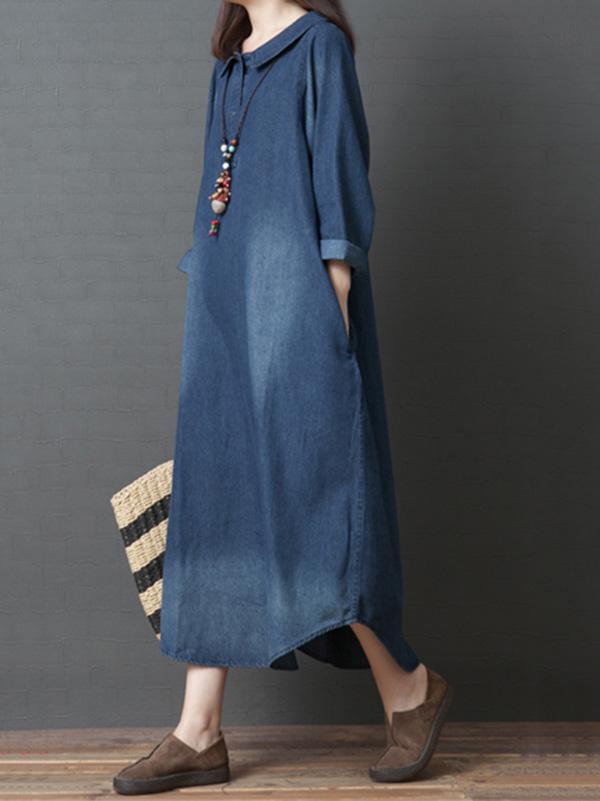 Loose Denim Shirt Maxi Dresses