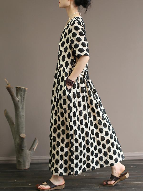 Loose Polka Dot Printed V-neck Long Dress