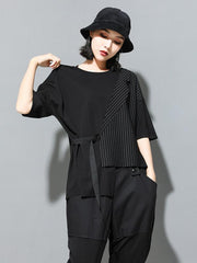 Striped Splicing Cropped Lace-Up T-Shirt